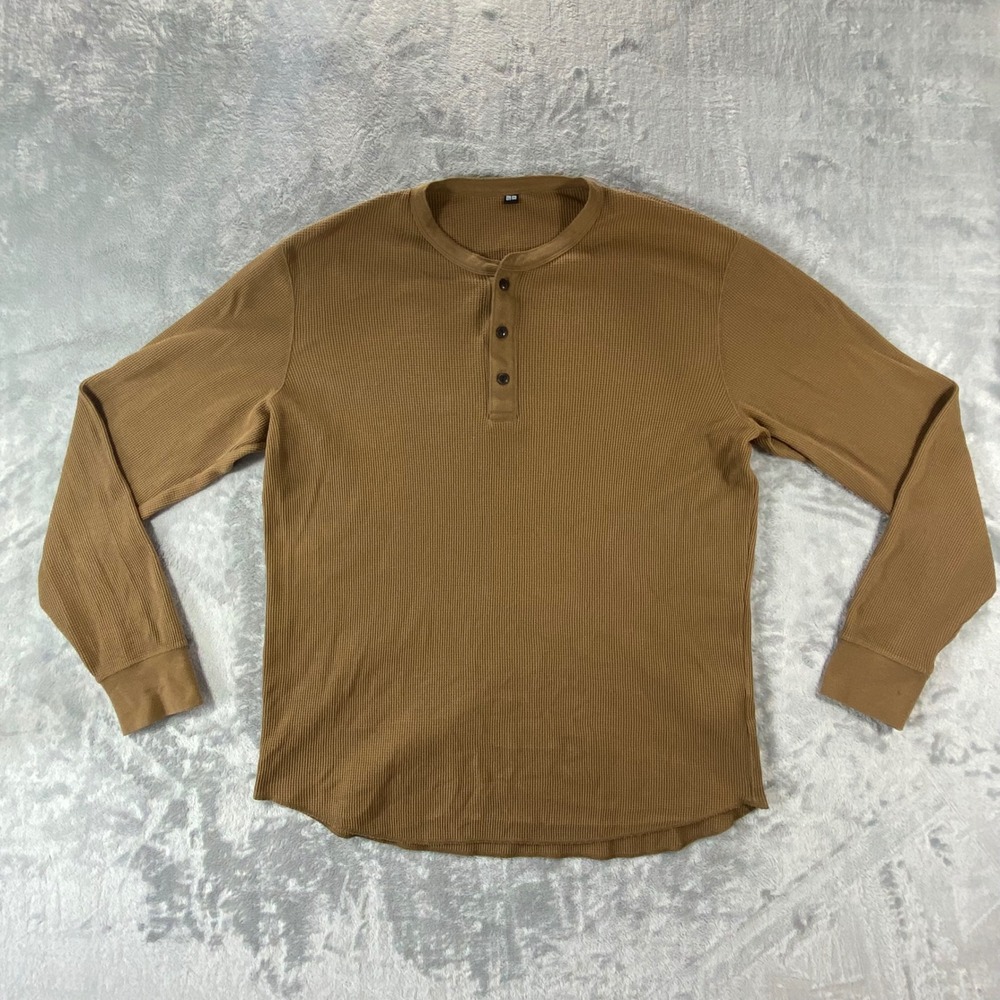 UNIQLO Henley Shirt Mens XL Brown Waffle Knit Long Sleeve Thermal Casual Henley
